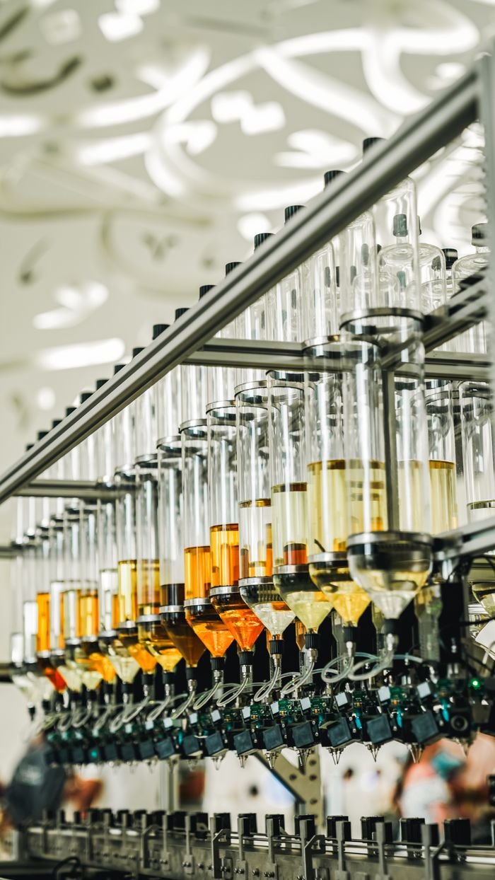 Close-up of automated bottle filling machinery in Dubai factory with colorful liquids.